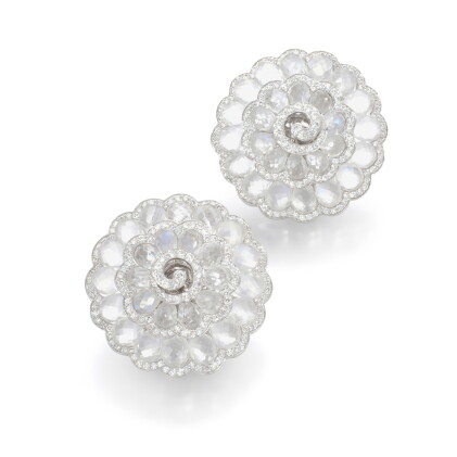 Catalog image of Pair of moonstone and diamond earrings