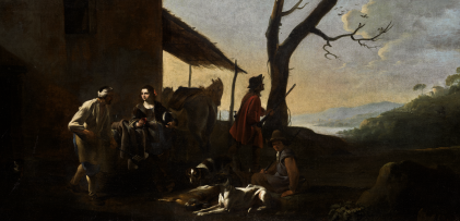 Catalog image of a hunting party resting by an inn