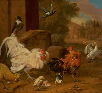 Catalog image of follower of melchior de hondecoeter | a falcon, a swan, and other fowl in a landscape