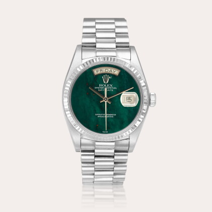 Catalog image of Day-Date, Reference 18039 | A white gold wristwatch with day, date, bracelet an…