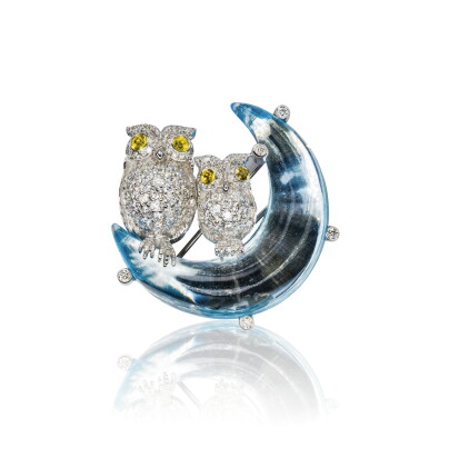Catalog image of diamond, blue topaz and yellow sapphire brooch, 'owls on the moon', michele del…