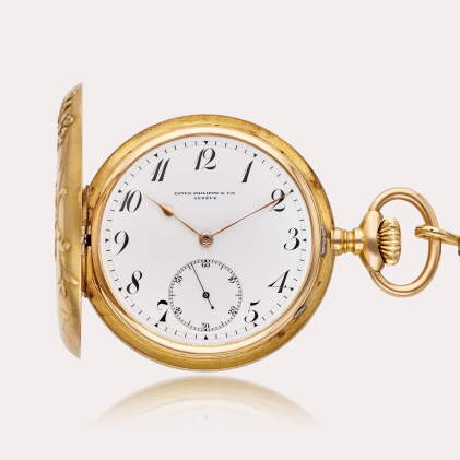 Catalog image of A yellow gold hunting cased keyless watch with equestrian miniature engraving i…