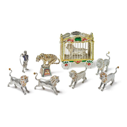 Catalog image of lions: a group of silver and enamel circus figures, designed by gene moore for …
