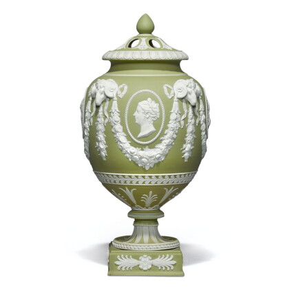 Catalog image of a wedgwood green jasperware pot-pourri vase and pierced cover circa 1800