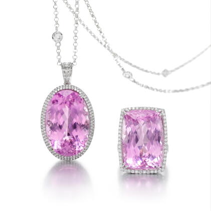 Catalog image of kunzite and diamond pendant and a ring