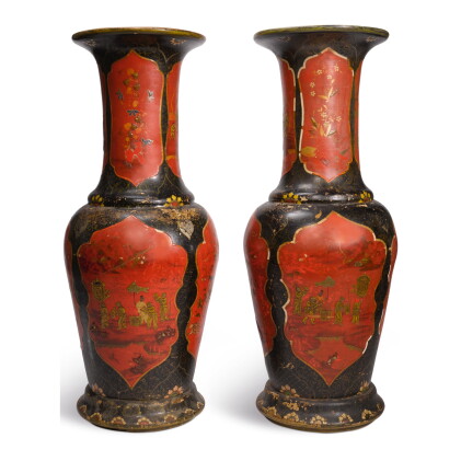 Catalog image of a pair of berlin faience red and black-lacquered monumental vases, 19th century