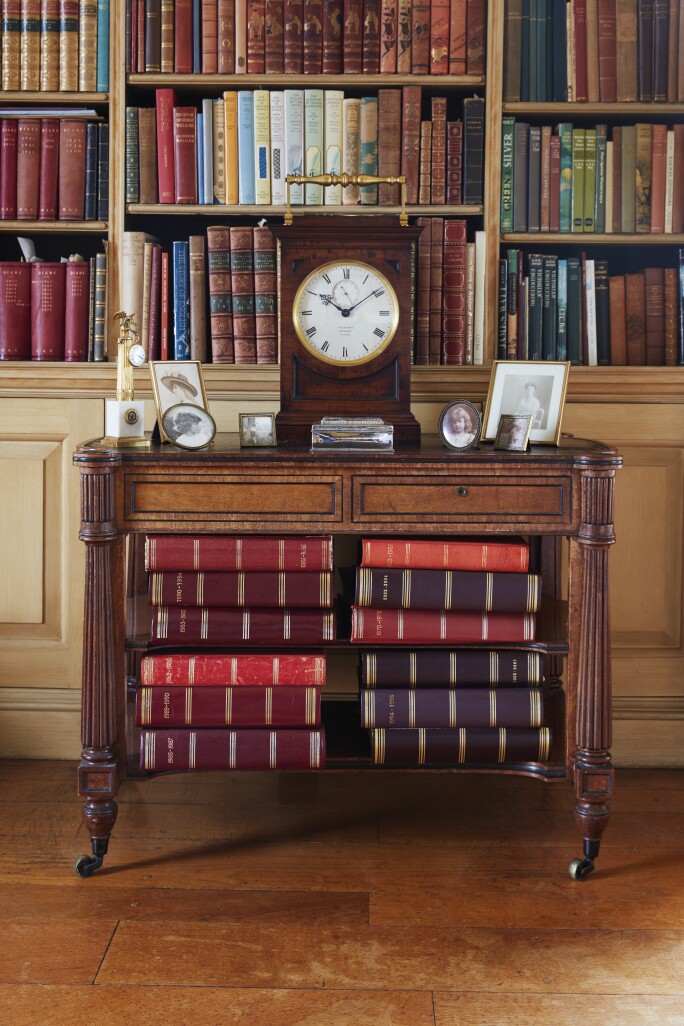 A Victorian mahogany giant carriage timepiece, Vulliamy No.1594, London, dated 1843, along with other furniture, books, silver, vertu and photograph highlights from the collection.