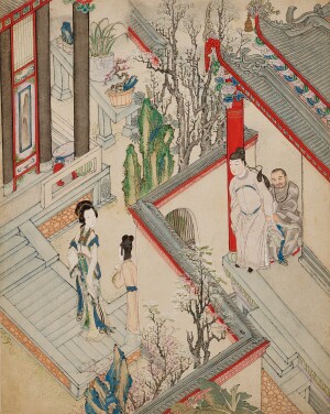 View 1 of Lot 3659: Scenes from Xixiangji [Romance of the western chamber] Qing dynasty, early 19th century | 清十九世紀初 〈西廂記〉插畫 一冊十四幀 附詩文 設色紙本