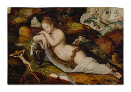 Catalog image of master of the prodigal son | mary magdalene sleeping in a grotto, a hilly lands…