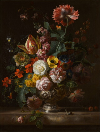Catalog image of Still life with roses, tulips, marigolds, a poppy and other flowers in a silver…