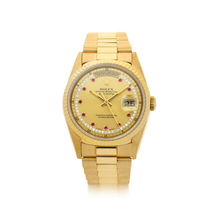 Catalog image of rolex | reference 18238 day-date a yellow gold, diamond and ruby-set automatic …