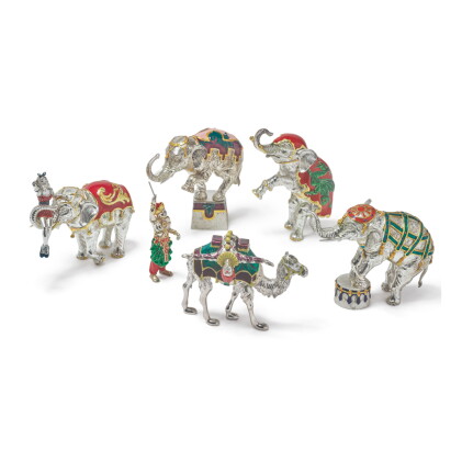 Catalog image of elephants and camel: a group of silver and enamel circus figures, designed by g…