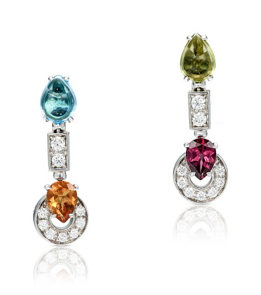 Catalog image of pair of gem set and diamond pendent earrings, bulgari |寶石 配 鑽石 吊耳環一對, 寶格麗 ( bulgari )