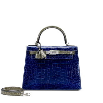 View 1 of Lot 214: Bleu Electrique and Gris Tourterelle Shiny Mississippiensis Alligator HSS Kelly 28 Sellier Brushed Palladium Hardware, 2019