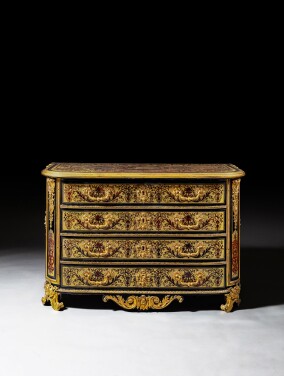 View 1 of Lot 58: Commode en marqueterie Boulle de laiton sur fond d'écaille teintée rouge et bronze doré d’époque Louis XIV, vers 1710, attribuée à Nicolas Sageot