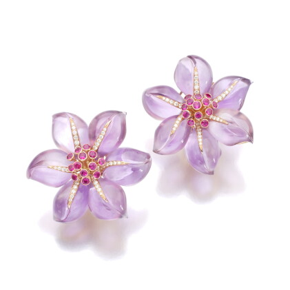 Catalog image of michele della valle | pair of amethyst, ruby and diamond ear clips