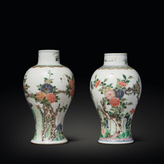 View 1 of Lot 574: Two famille-verte 'floral' vases, Qing dynasty, Kangxi period | 清康熙 五彩花卉紋瓶一組兩件