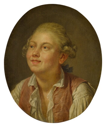 Catalog image of portrait of a young man, bust-length, looking up