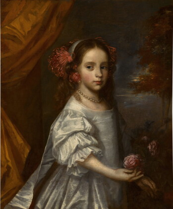 Catalog image of Portrait of a girl, three-quarter length, wearing a white dress and a white hea…