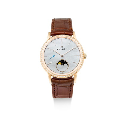 Catalog image of zenith | elite, reference 22.2320.692, a pink gold and diamond-set wristwatch w…