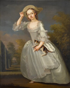 View 1 of Lot 177: Portrait of Jane Bertie, daughter of the 2nd Duke of Ancaster (d. 1793), full-length, wearing a white silk dress, standing in a landscape and holding a kitten