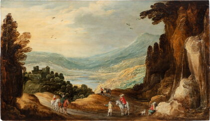 Catalog image of Travellers in a Mountain Pass with a Waterfall | Promeneurs dans un paysage mon…