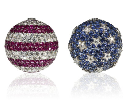 Catalog image of pair of sapphire, ruby and diamond ear clips, 'stars and stripes', michele dell…