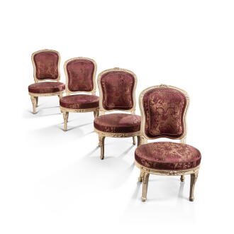 View 1 of Lot 752: A set of four late Louis XV grey-lacquered chairs ‘en cabriolet’, circa 1770, stamped by Jean-Nicolas I. Blanchard