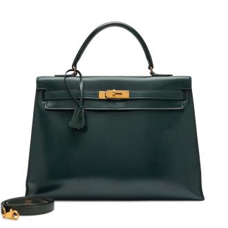 View 1 of Lot 138: Vintage Vert Foncé Box Kelly 35 Sellier Gold Hardware, 1985