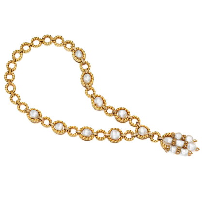 Catalog image of Gold, Cultured Pearl and Diamond Necklace-Bracelet Combination