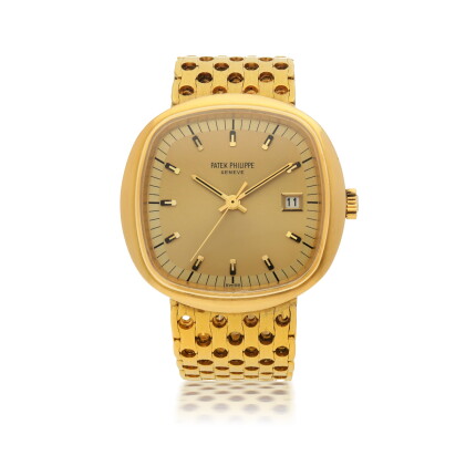Catalog image of patek philippe | beta 21, ref 3587 yellow gold bracelet watch with date circa 1975