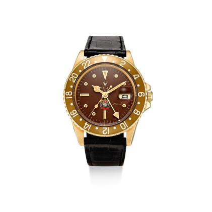 Catalog image of rolex | gmt-master ii, reference 1675, a yellow gold dual time zone wristwatch …
