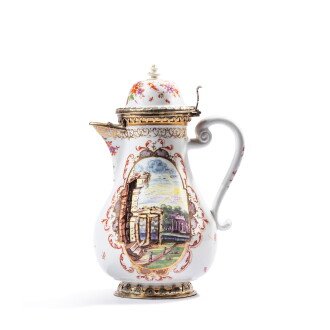 View 1 of Lot 524: A Meissen porcelain coffee pot and cover, with silver-gilt mounts, circa 1725, the mounts Elias Adam, Augsburg