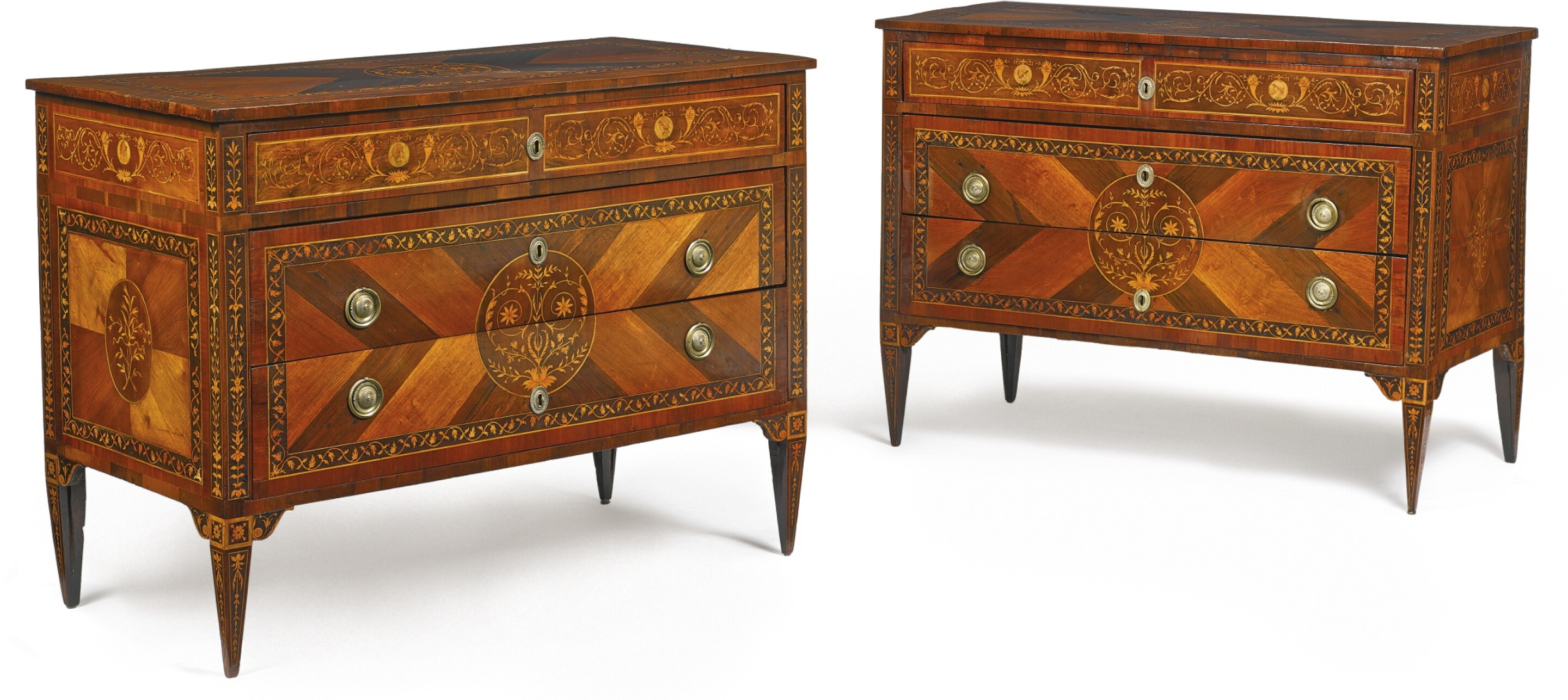 (#806) A pair of Italian Neoclassical rosewood, walnut, marquetry and ...