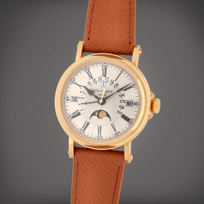 Catalog image of Reference 5159R | A yellow gold perpetual calendar wristwatch with retrograde d…