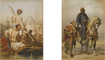 Catalog image of figures by a river and on horseback: plates 11 & 21