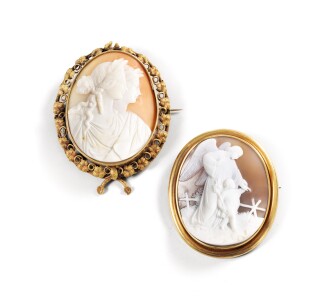 View 1 of Lot 357: Two shell cameo pendant-brooches