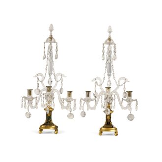 View 1 of Lot 125: A Matched Pair of Late George III Colorless, Blue and Green Glass Gilt-Metal-Mounted Table Candelabra, in the Manner of Parker and Perry, Circa 1800 