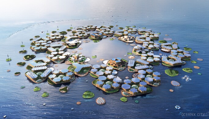 rendering of gloating island city with solar panels