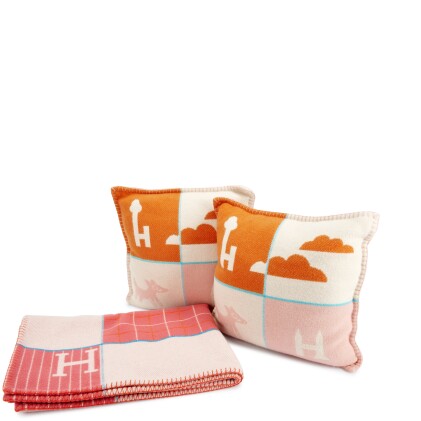 View 1 of Lot 1133: Set of Three Avalon Epopee Pillows and Avalon Passe-Passe Baby Blanket