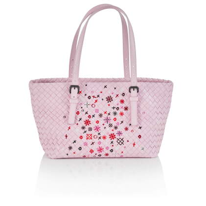 Catalog image of pink floral embroidered tote bag in intrecciato leather with black hardware, 2018