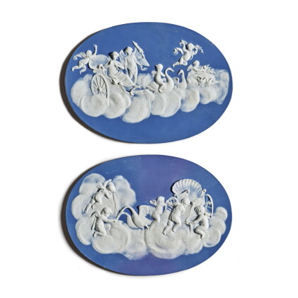 Catalog image of a pair of wedgwood dark-blue and white jasper-dip oval plaques late 18th century