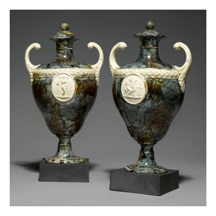 Catalog image of a pair of wedgwood and bentley creamware 'porphyry' two-handled vases and cover…