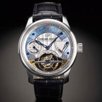 1424. AN EXTREMELY FINE AND RARE PLATINUM DOUBLE TOURBILLON WRIS