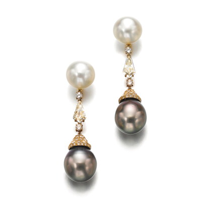 Catalog image of pair of cultured pearl and diamond pendent earrings