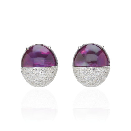 Catalog image of pair of amethyst, diamond and mother-of-pearl ear clips, michele della valle