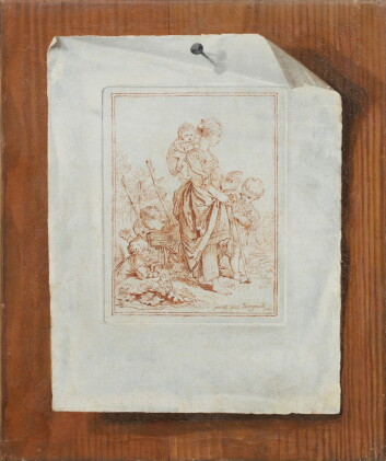 Catalog image of La villageoise: a trompe l'œil painted as a sheet of paper pinned to a wooden b…