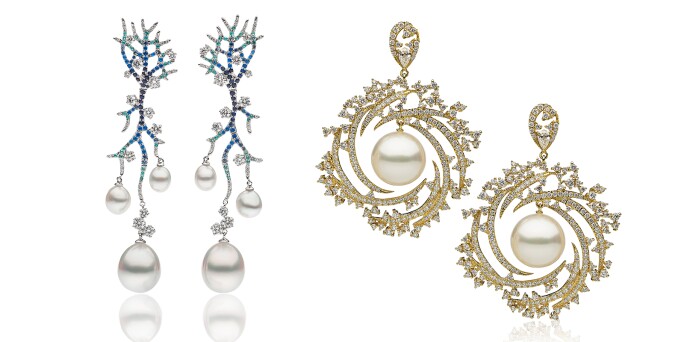 Autore Gold, Cultured Pearl and Diamond Earrings and White Gold, Cultured Pearl, Tourmaline, Sapphire, Diamond and Huaynite Earrings