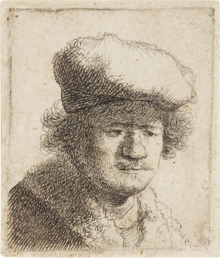 View 1 of Lot 37: Self-Portrait with Cap Pulled Forward (B. Holl. 319; New Holl. 71; H. 58)