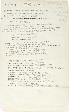 View 1 of Lot 26: Johnny Rotten | Holidays in the Sun; Submission, handwritten lyrics, 1977